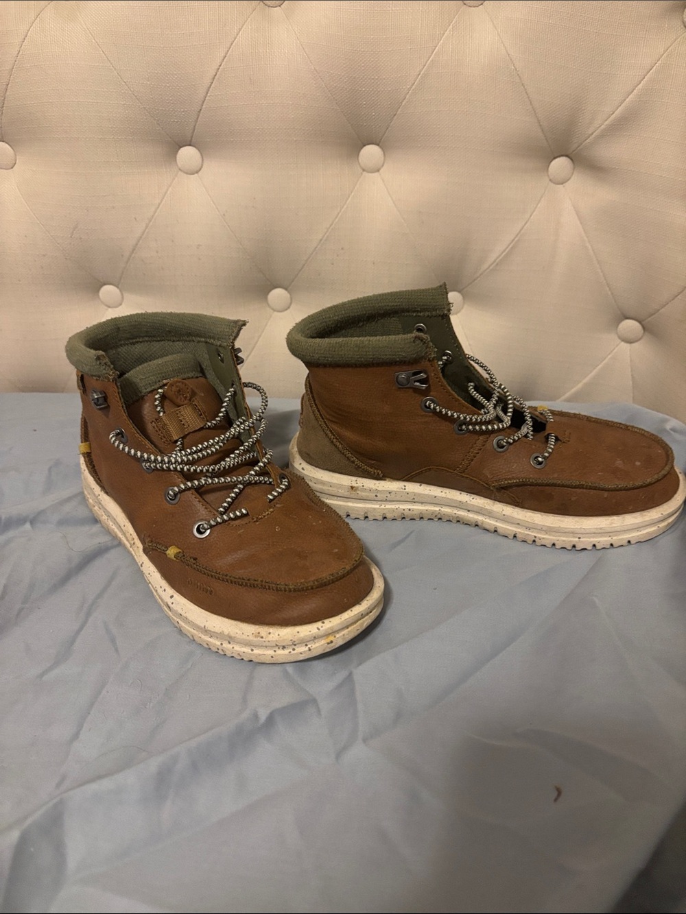 Hey Dude Brown Leather Lace-Up Ankle Boots with Olive Collar